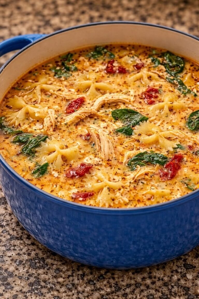 High Protein Creamy Tuscan Chicken Soup with Bowtie Pasta
