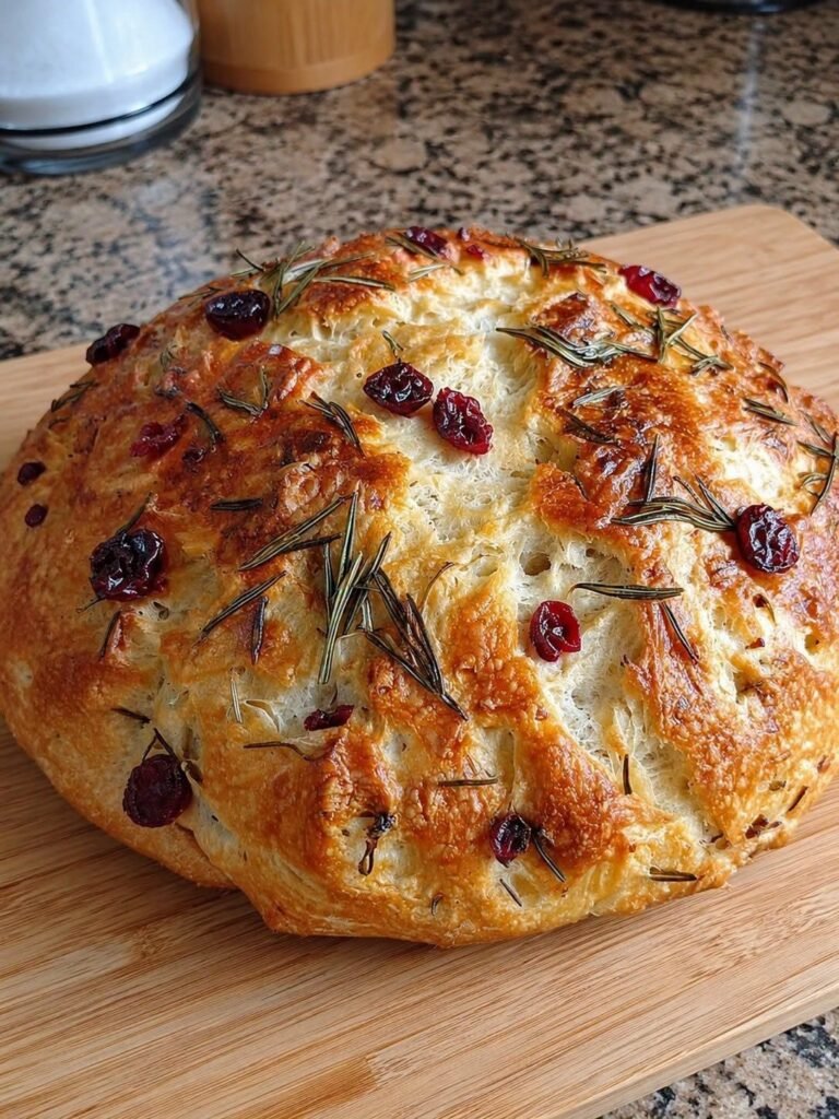 Easy Rustic Cranberry Rosemary Artisan Bread (No-Knead)