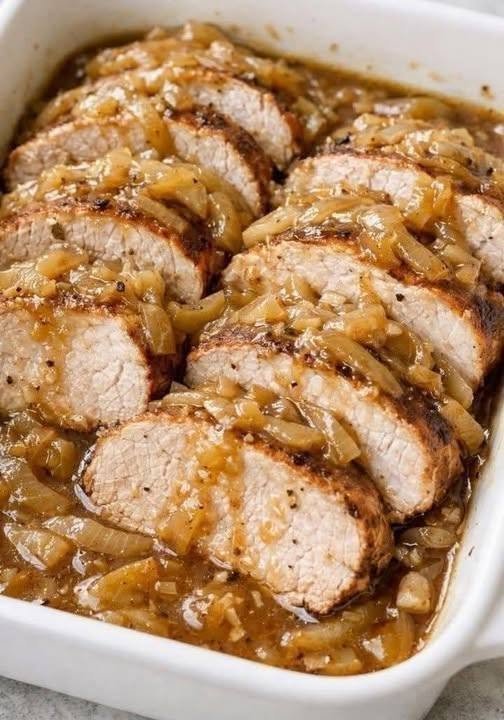 Easy Crockpot Pork Tenderloin with Rich Onion Pan Gravy