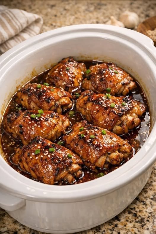 Easy Crockpot Honey Garlic Chicken Thighs (High Protein Dinner)